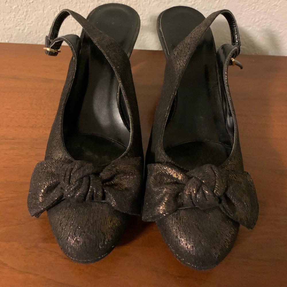 Pewter-colored Bowtie Heels, size 6.5